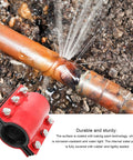 Heavy Duty Pipe Repair Clamp for Steel and Plastic Pipes shown with leak, waterproof seal, red rustproof steel body