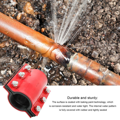 Heavy Duty Pipe Repair Clamp for Steel and Plastic Pipes shown with leak, waterproof seal, red rustproof steel body