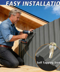Person installing wide corrugated metal panels for roofing and siding, 61.02 by 18.9 inches, galvanized grey, 10 pack