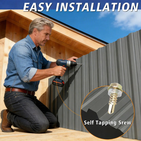 Person installing wide corrugated metal panels for roofing and siding, 61.02 by 18.9 inches, galvanized grey, 10 pack