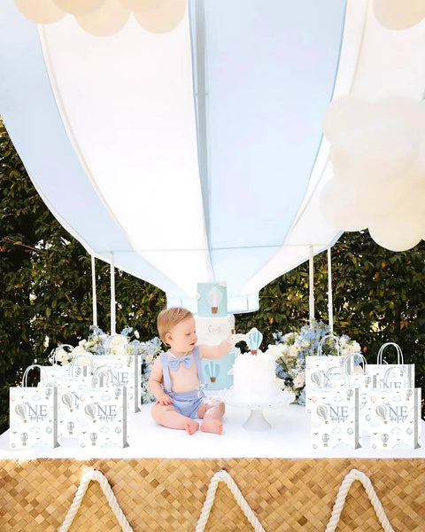 Hot Air Balloon Themed First Birthday Goodie Bags For Baby Boy Party Favors And Decorations Treat Bags For Snacks Mr Wonderful Style Party Supplies For A Cute First Birthday Bash displayed on table with baby and cake.