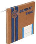 Marine Grade Three Eighths Inch Wide 316 Stainless Steel Band On A 100 Foot Roll packaging with band visible and blue stripes.