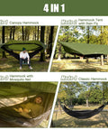 4 in 1 Camping Hammock Tent with Rain Fly and Mosquito Net for adults in different setups in a forest