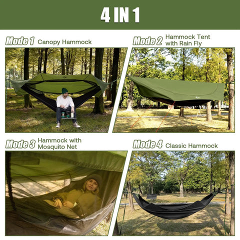 4 in 1 Camping Hammock Tent with Rain Fly and Mosquito Net for adults in different setups in a forest