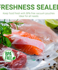 Clear 6x10 Inch 3 Mil Chamber Vacuum Sealer Bags, 500 Pack, Pre-Cut Pouches With Tear Notch, BPA-Free Heavy-Duty Chamber Bags sealed with food inside