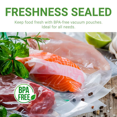 Clear 6x10 Inch 3 Mil Chamber Vacuum Sealer Bags, 500 Pack, Pre-Cut Pouches With Tear Notch, BPA-Free Heavy-Duty Chamber Bags sealed with food inside