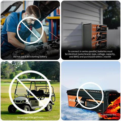 Rugged 24V 100Ah LiFePO4 Battery With 100A BMS Delivers 2560Wh Of Power Built For 15000 Plus Deep Cycles, usage warnings shown.