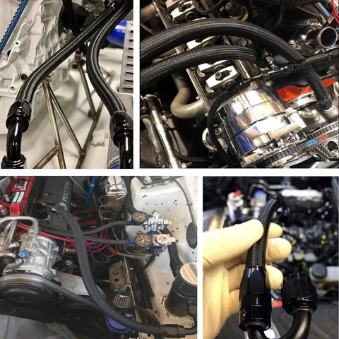 12AN 10Ft Universal Braided Stainless Steel Fuel Line Kit With Nylon CPE Hose And 6 Rotary Swivel Ends, installed in engine