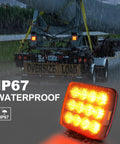 Rechargeable Wireless Magnetic Amber LED Flashing Lights For Vehicles Portable Strobe Hazard Beacons Emergency Warning Light For Trucks Buses Tractors And Oversize Trailers shown installed on an oversize trailer in rain