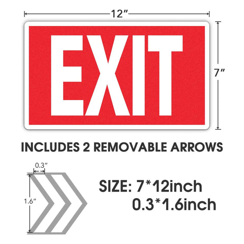 Glow In The Dark Photoluminescent Signs Decals 3 Pack 12x7 Inch Stickers With White Letters On Red Background, exit sign with arrows.