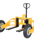 Heavy Duty All Terrain Steel Pallet Truck With Pneumatic Tires And Smooth Steering Glides Over Rough Ground Loads Up To Two Thousand Five Hundred Pounds Without A Sweat On Thirty Two Inch Forks side view with black handle and wheels.