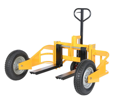 Heavy Duty All Terrain Steel Pallet Truck With Pneumatic Tires And Smooth Steering Glides Over Rough Ground Loads Up To Two Thousand Five Hundred Pounds Without A Sweat On Thirty Two Inch Forks side view with black handle and wheels.