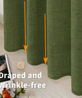 Dark Green Faux Linen Curtains For Kitchen Window Light Filtering Textured Drapes With Rod Pocket And Back Tab 2 Panel Set Each Panel 42 Inches Wide By 40 Inches Long Olive Toned Cafe Office Vibe showing close-up texture and drape.