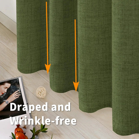 Dark Green Faux Linen Curtains For Kitchen Window Light Filtering Textured Drapes With Rod Pocket And Back Tab 2 Panel Set Each Panel 42 Inches Wide By 40 Inches Long Olive Toned Cafe Office Vibe showing close-up texture and drape.