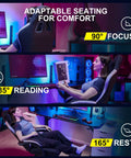 Ergonomic Gaming Chair With Pocket Spring Cushion, Linkage Armrests, Footrest in various recline positions for different activities.