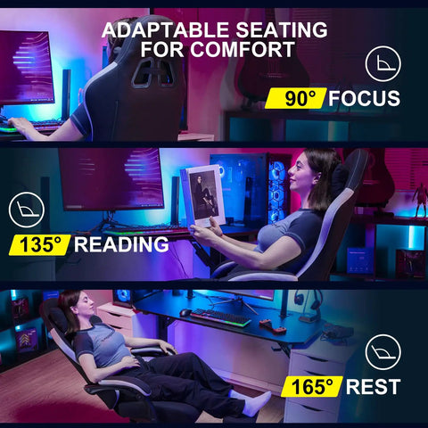 Ergonomic Gaming Chair With Pocket Spring Cushion, Linkage Armrests, Footrest in various recline positions for different activities.