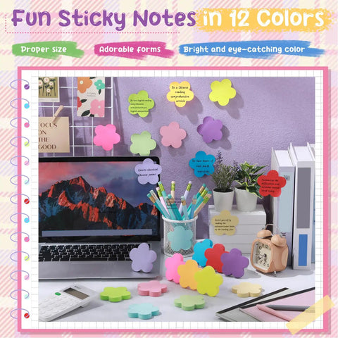 Colorful Flower Sticky Notes 3 Inch Pack Of 24 With 100 Sheets Per Pad displayed in an office setting with laptop and supplies.