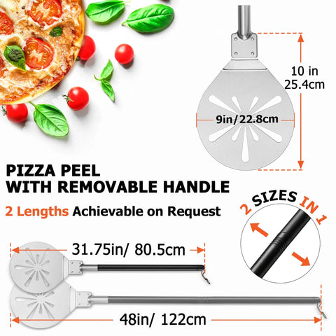 Pizza peel with removable stainless steel handle; perforated 9-inch paddle, extendable to 31.75in or 48in.