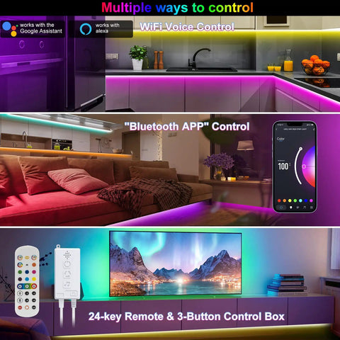 Smart RGB LED strip lights with WiFi, Bluetooth app, Alexa, Google Assistant, remote control in kitchen, living room, and TV setup.