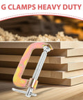 Heavy Duty 2 Pack Small Metal G Clamp 3 Inch Tabletop Woodworking Clamp For Desk Mounting And Woodworking Fixing Built Tough For DIY Projects Beast For Carpentry Metalworking And Crafts next to stacked wooden boards.