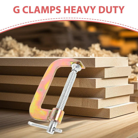 Heavy Duty 2 Pack Small Metal G Clamp 3 Inch Tabletop Woodworking Clamp For Desk Mounting And Woodworking Fixing Built Tough For DIY Projects Beast For Carpentry Metalworking And Crafts next to stacked wooden boards.