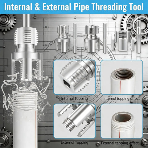 Two In One Pipe Thread Cutter And Internal External Threading Tool Set For PVC Pipes One Half Inch Three Quarter Inch And One Inch Fits All Electric Drills DIY Friendly Three Piece Kit showing threading process on PVC pipe.