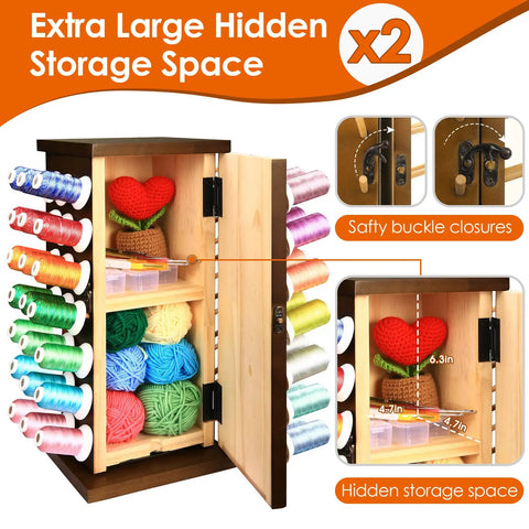 Pretty Slick Wooden 84 Spool Thread Rack With 360 Degree Rotation And Hidden Compartments For Sewing Embroidery Craft Threads Storage Organizer And Needles Bobbins featuring open compartments with thread displayed.