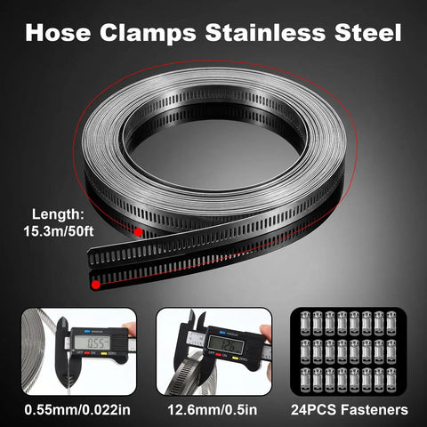Heavy Duty Stainless Steel Hose Clamp Kit Featuring A Roll Of 50 Ft Cut To Any Length Metal Strapping With 24 Fasteners For Fuel Lines Auto Tubes And Plumbing Jobs That Need Real American Tough Durability, 12.6mm strap