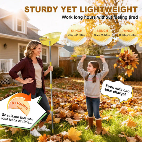 Woman and child using Heavy Duty Leaf Rake With 16.5 Inch Nylon Head And 51 Inch Adjustable Stainless Steel Handle for yard cleanup.