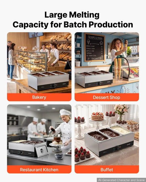 Pro Level Commercial Chocolate Melting Machine With Three Tanks And 27 Pound Capacity Featuring Smooth Water Bath Heating And Dead On Temperature Control For Hassle Free Cocoa Prep Daily in bakery and restaurant settings.