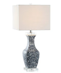 Blue And White Ceramic LED Table Lamp With Chinoiserie Hand Painted Pattern, Crystal Base And White Square Linen Shade, Stands 28 Inches Tall, LED Bulb Included, Perfect For Bedroom Or Living Room, A Stylish Modern Home Accent.