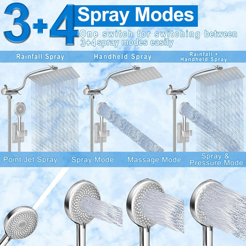 3 Way Diverter Shower Head Kit With Adjustable Extension Arm For A Simple Bathroom Upgrade, 10 Inch Rain Showerhead With 5 Spray Modes And Handheld Option, Leak Free Fit, No Tools Needed showing different spray modes in use.