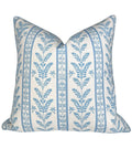 Blue Floral Block Print Pillow Cover With Off White Background, Cozy Throw Pillow Cover For Sofa Or Bed, Grandmillennial Style With Leaf Detail, Subtle Blue Grey Piping, Durable Upholstery Fabric, 20x20 front view