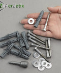 Hand holding components of Nylon Dowel Kit With 8 Tough 10X50 Dowels, 8 Stainless Steel A2 6X50 Bottom Screws, 8 A2 Washers For M6