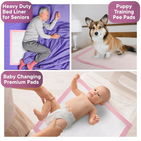 Heavy Duty Disposable Underpads Waterproof Bed Pads Ultra Absorbent Leak Proof Liners For Adult Incontinence Puppy Housebreaking 30 Pack used for seniors, puppies, and babies.