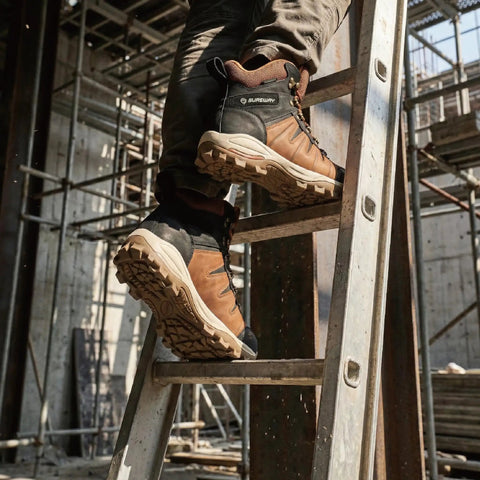 Six Inch Waterproof Steel Toe Work Boots For Men Leather Lace Up EH Rated Slip Resistant Outsole built tough on ladder