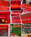 Collage of '25 Inch Were All Mad Here Neon Sign LED Red Light For Wall Decor Dope Home Bar Vibe Bedroom Party Gamer Room Decor Handmade Neon Letter Sign Perfect Graduation Gift Beer Lover Gift Idea' displayed in various settings.