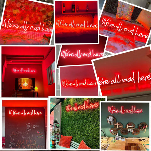 Collage of '25 Inch Were All Mad Here Neon Sign LED Red Light For Wall Decor Dope Home Bar Vibe Bedroom Party Gamer Room Decor Handmade Neon Letter Sign Perfect Graduation Gift Beer Lover Gift Idea' displayed in various settings.