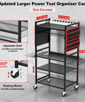 Front view of Large Power Tool Organizer Cart With 20A Charging Station, Heavy Duty Drill And Battery Holder Storage Rack, in red.