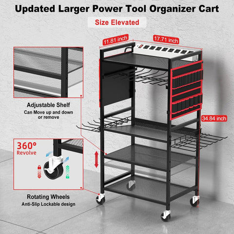 Front view of Large Power Tool Organizer Cart With 20A Charging Station, Heavy Duty Drill And Battery Holder Storage Rack, in red.