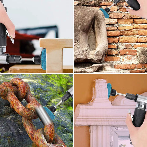 Close-up of sanding discs in use on wood, stone, rusted chain, and concrete surfaces from a 69-piece kit with a holder.