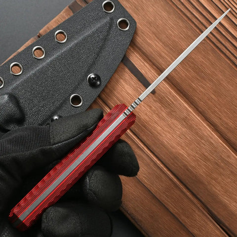 Black glove holding Fixed Blade Knife With VG10 Steel, Two Tone G10 Handle, Full Tang, And Sheath For Outdoor Camping And Hunting, 7.5 Inch Blade, Lightweight Yet Beastly Durable EDC Ready Red, side view