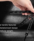 Hand holding black butterfly knife with skeletonized handle, part of Butterfly Training Set Duo Dope Metal Flipping Tools For Beginners To Pro.