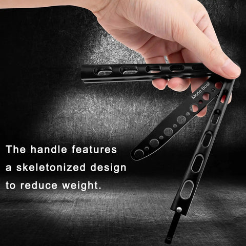 Hand holding black butterfly knife with skeletonized handle, part of Butterfly Training Set Duo Dope Metal Flipping Tools For Beginners To Pro.