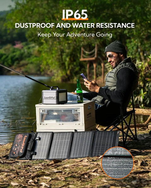 Man using 60W Foldable Portable Solar Panel Charger With PD USB C And QC3.0 USB A Outputs Waterproof For Camping On The Go outdoors.