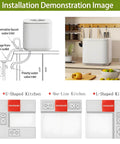 Installation demonstration for Nifty Countertop Dishwasher With Hot Air Drying, showing sink hookup in various kitchen layouts.