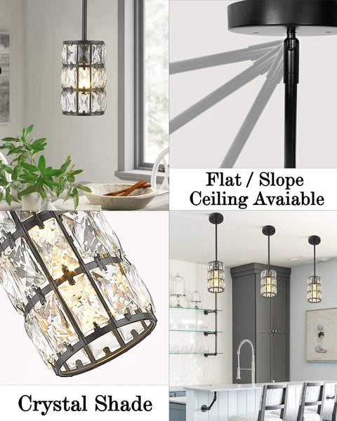 Farmhouse Crystal Pendant Light Black Finish 1 Light for Kitchen Island and Dining Room, adjustable for flat/sloped ceilings.