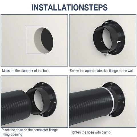 Installation steps for 4 Inch ABS Plastic Duct Connector Flange For Dust Collection And Dryer Venting, wall mounting shown.