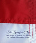 Close-up of Made In USA Heavy Duty 3x5 Outdoor Flag showing extra quadruple stitching on fly end, weather resistant nylon.