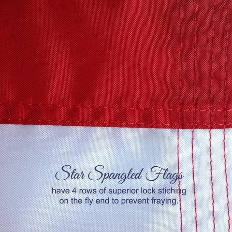 Close-up of Made In USA Heavy Duty 3x5 Outdoor Flag showing extra quadruple stitching on fly end, weather resistant nylon.